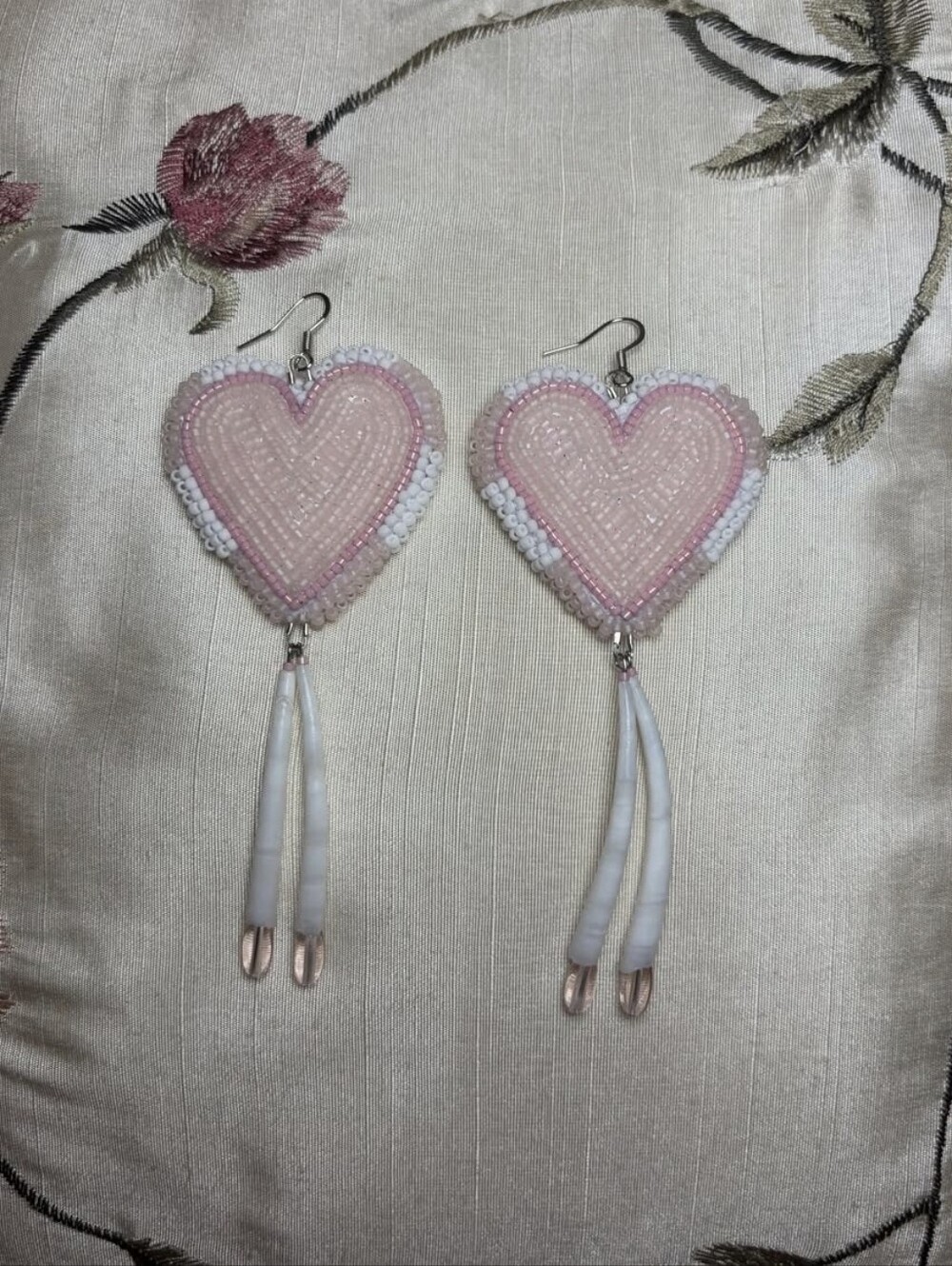 Indigenous Handmade Pink Heart Beaded Drop Earrings
